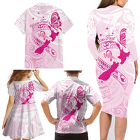 Personalised Aotearoa Breast Cancer Family Matching Long Sleeve Bodycon Dress and Hawaiian Shirt New Zealand Maori Pattern