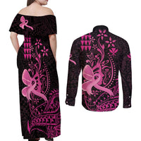 Hawaii Breast Cancer Couples Matching Off Shoulder Maxi Dress and Long Sleeve Button Shirt Girl Floral Kakau Pattern