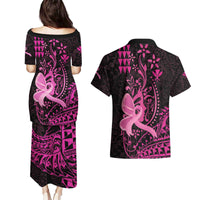 Hawaii Breast Cancer Couples Matching Puletasi and Hawaiian Shirt Girl Floral Kakau Pattern