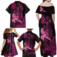Hawaii Breast Cancer Family Matching Off Shoulder Maxi Dress and Hawaiian Shirt Girl Floral Kakau Pattern
