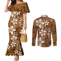 Plumeria Floral Tapa Pattern Vintage Gold Couples Matching Mermaid Dress and Long Sleeve Button Shirt