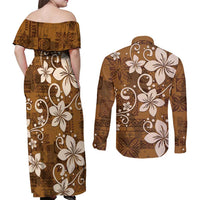 Plumeria Floral Tapa Pattern Vintage Gold Couples Matching Off Shoulder Maxi Dress and Long Sleeve Button Shirt