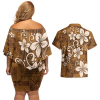 Plumeria Floral Tapa Pattern Vintage Gold Couples Matching Off Shoulder Short Dress and Hawaiian Shirt