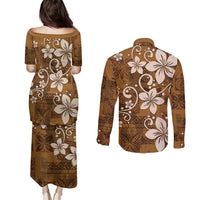 Plumeria Floral Tapa Pattern Vintage Gold Couples Matching Puletasi and Long Sleeve Button Shirt