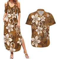 Plumeria Floral Tapa Pattern Vintage Gold Couples Matching Summer Maxi Dress and Hawaiian Shirt