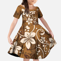 Plumeria Floral Tapa Pattern Vintage Gold Family Matching Long Sleeve Bodycon Dress and Hawaiian Shirt LT01 Daughter's Dress Gold - Polynesian Pride