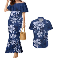 Plumeria Floral Tapa Pattern Navy Blue Couples Matching Mermaid Dress and Hawaiian Shirt LT01 Blue - Polynesian Pride
