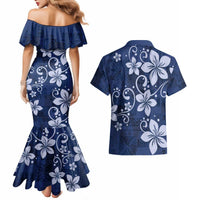 Plumeria Floral Tapa Pattern Navy Blue Couples Matching Mermaid Dress and Hawaiian Shirt LT01 - Polynesian Pride
