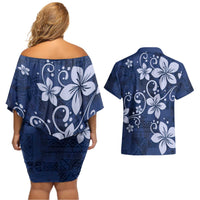 Plumeria Floral Tapa Pattern Navy Blue Couples Matching Off Shoulder Short Dress and Hawaiian Shirt