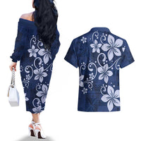 Plumeria Floral Tapa Pattern Navy Blue Couples Matching Off The Shoulder Long Sleeve Dress and Hawaiian Shirt