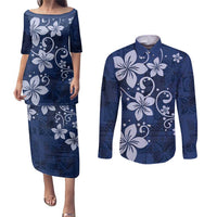 Plumeria Floral Tapa Pattern Navy Blue Couples Matching Puletasi and Long Sleeve Button Shirt