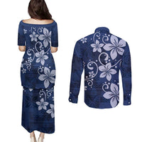 Plumeria Floral Tapa Pattern Navy Blue Couples Matching Puletasi and Long Sleeve Button Shirt