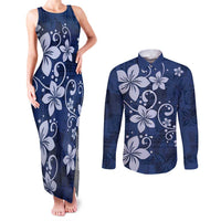 Plumeria Floral Tapa Pattern Navy Blue Couples Matching Tank Maxi Dress and Long Sleeve Button Shirt