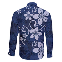 Plumeria Floral Tapa Pattern Navy Blue Family Matching Off The Shoulder Long Sleeve Dress and Hawaiian Shirt