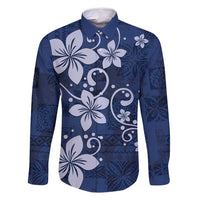 Plumeria Floral Tapa Pattern Navy Blue Family Matching Off Shoulder Maxi Dress and Hawaiian Shirt LT01 Dad's Shirt - Long Sleeve Blue - Polynesian Pride