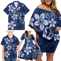 Plumeria Floral Tapa Pattern Navy Blue Family Matching Off Shoulder Short Dress and Hawaiian Shirt LT01 - Polynesian Pride