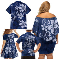 Plumeria Floral Tapa Pattern Navy Blue Family Matching Off Shoulder Short Dress and Hawaiian Shirt LT01 - Polynesian Pride