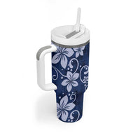 Plumeria Floral Tapa Pattern Navy Blue Tumbler With Handle LT01 - Polynesian Pride