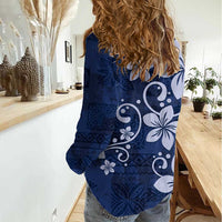 Plumeria Floral Tapa Pattern Navy Blue Women Casual Shirt LT01 - Polynesian Pride
