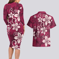 Plumeria Floral Tapa Pattern Ruby Pink Couples Matching Long Sleeve Bodycon Dress and Hawaiian Shirt