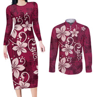 Plumeria Floral Tapa Pattern Ruby Pink Couples Matching Long Sleeve Bodycon Dress and Long Sleeve Button Shirt