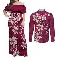 Plumeria Floral Tapa Pattern Ruby Pink Couples Matching Off Shoulder Maxi Dress and Long Sleeve Button Shirt