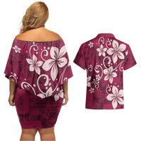 Plumeria Floral Tapa Pattern Ruby Pink Couples Matching Off Shoulder Short Dress and Hawaiian Shirt