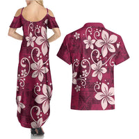 Plumeria Floral Tapa Pattern Ruby Pink Couples Matching Summer Maxi Dress and Hawaiian Shirt