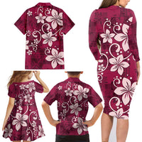 Plumeria Floral Tapa Pattern Ruby Pink Family Matching Long Sleeve Bodycon Dress and Hawaiian Shirt LT01 - Polynesian Pride