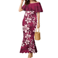 Plumeria Floral Tapa Pattern Ruby Pink Family Matching Mermaid Dress and Hawaiian Shirt LT01 Mom's Dress Pink - Polynesian Pride