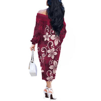 Plumeria Floral Tapa Pattern Ruby Pink Off The Shoulder Long Sleeve Dress