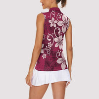 Plumeria Floral Tapa Pattern Ruby Pink Women Sleeveless Polo Shirt LT01 - Polynesian Pride