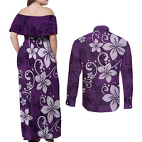 Plumeria Floral Tapa Pattern Amethyst Purple Couples Matching Off Shoulder Maxi Dress and Long Sleeve Button Shirt