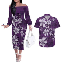 Plumeria Floral Tapa Pattern Amethyst Purple Couples Matching Off The Shoulder Long Sleeve Dress and Hawaiian Shirt