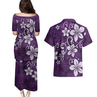 Plumeria Floral Tapa Pattern Amethyst Purple Couples Matching Puletasi and Hawaiian Shirt