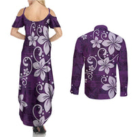 Plumeria Floral Tapa Pattern Amethyst Purple Couples Matching Summer Maxi Dress and Long Sleeve Button Shirt