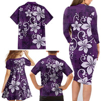 Plumeria Floral Tapa Pattern Amethyst Purple Family Matching Long Sleeve Bodycon Dress and Hawaiian Shirt LT01 - Polynesian Pride