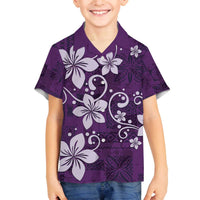 Plumeria Floral Tapa Pattern Amethyst Purple Family Matching Off Shoulder Short Dress and Hawaiian Shirt