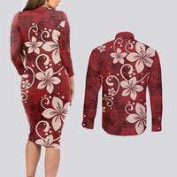 Plumeria Floral Tapa Pattern Oxblood Red Couples Matching Long Sleeve Bodycon Dress and Long Sleeve Button Shirt