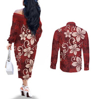 Plumeria Floral Tapa Pattern Oxblood Red Couples Matching Off The Shoulder Long Sleeve Dress and Long Sleeve Button Shirt