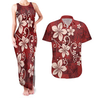 Plumeria Floral Tapa Pattern Oxblood Red Couples Matching Tank Maxi Dress and Hawaiian Shirt