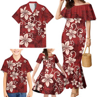 Plumeria Floral Tapa Pattern Oxblood Red Family Matching Mermaid Dress and Hawaiian Shirt LT01 - Polynesian Pride