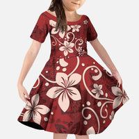 Plumeria Floral Tapa Pattern Oxblood Red Family Matching Off The Shoulder Long Sleeve Dress and Hawaiian Shirt
