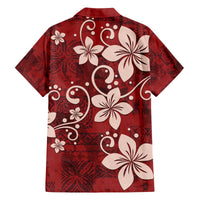 Plumeria Floral Tapa Pattern Oxblood Red Family Matching Off The Shoulder Long Sleeve Dress and Hawaiian Shirt