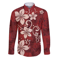Plumeria Floral Tapa Pattern Oxblood Red Family Matching Tank Maxi Dress and Hawaiian Shirt