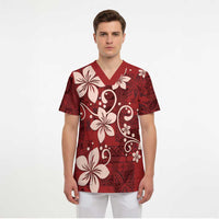Plumeria Floral Tapa Pattern Oxblood Red Scrub Top LT01 - Polynesian Pride