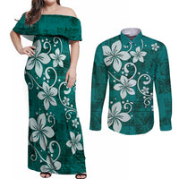 Plumeria Floral Tapa Pattern Crystal Teal Couples Matching Off Shoulder Maxi Dress and Long Sleeve Button Shirt