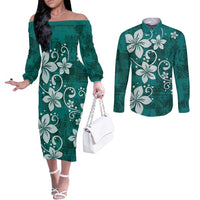 Plumeria Floral Tapa Pattern Crystal Teal Couples Matching Off The Shoulder Long Sleeve Dress and Long Sleeve Button Shirt