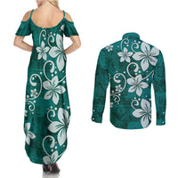Plumeria Floral Tapa Pattern Crystal Teal Couples Matching Summer Maxi Dress and Long Sleeve Button Shirt