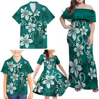 Plumeria Floral Tapa Pattern Crystal Teal Family Matching Off Shoulder Maxi Dress and Hawaiian Shirt LT01 - Polynesian Pride